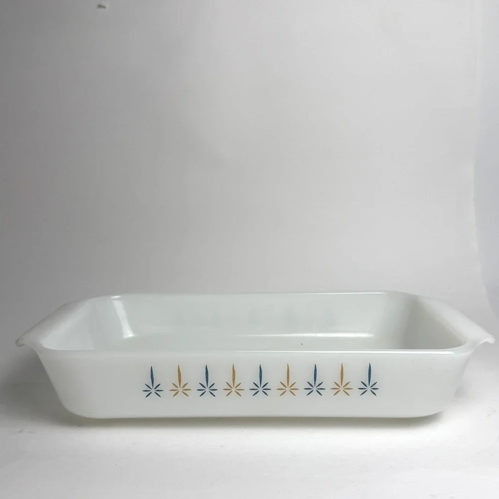 Vintage Fire-King Atomic Star Milk Glass Baking Dish Rectangular 1.5 Qt MCM